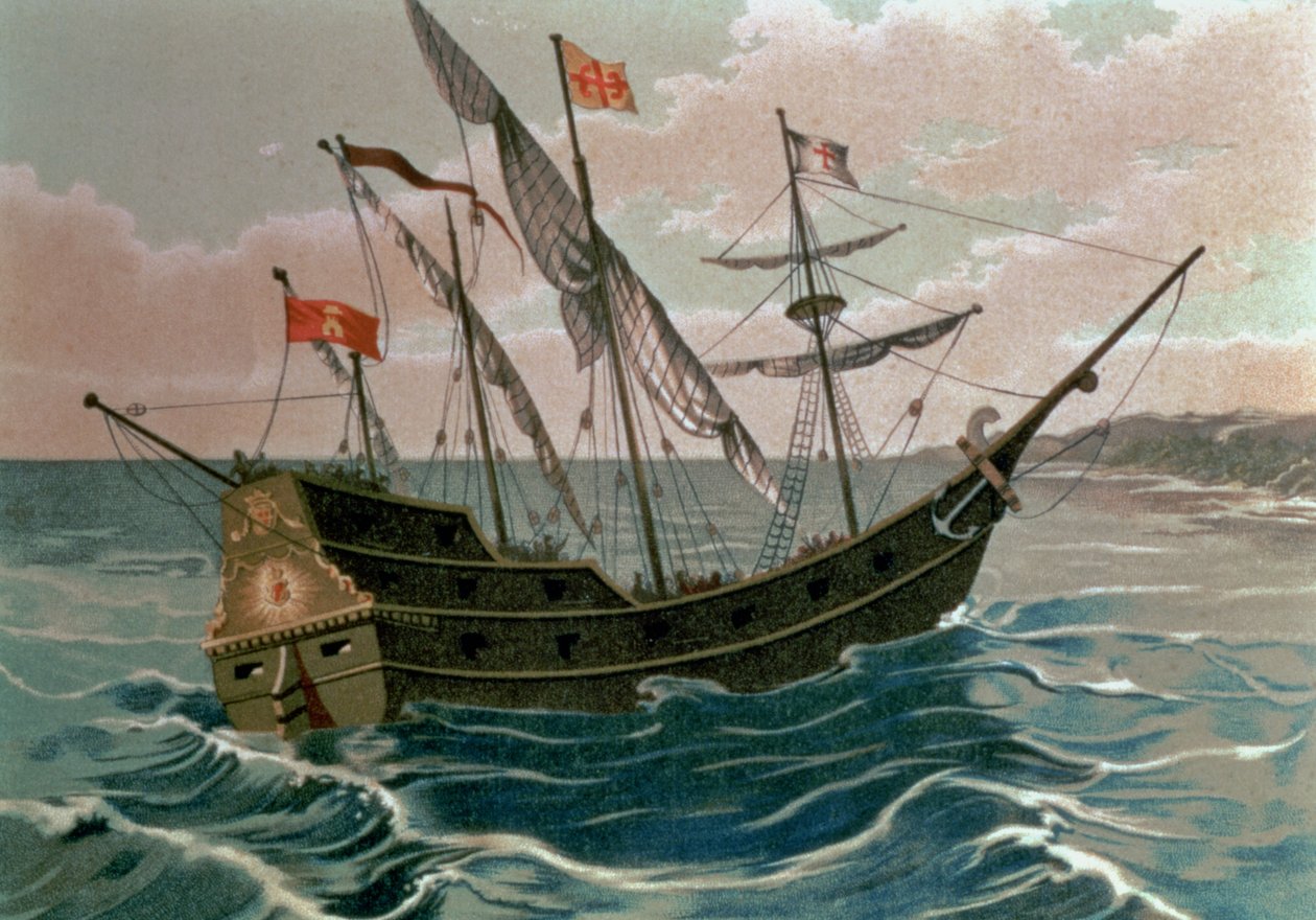 Santa Maria zbliża się do wybrzeża Nowego Świata w 1492, z „Odkrycie Ameryki”, wyd. Barcelona autorstwa Spanish School