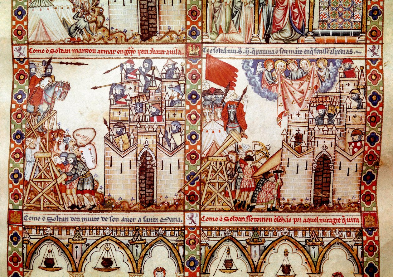 Saraceni oblegali chrześcijańskie miasto Fragment z jednej strony zaczerpnięty z rękopisu Pieśni Najświętszej Marii Panny (Cantigas de Santa Maria), zdobienie miniatur poświęconych Najświętszej Marii Pannie i jej cudom, zbiór pieśni przeredagowanych pod pa autorstwa Spanish School