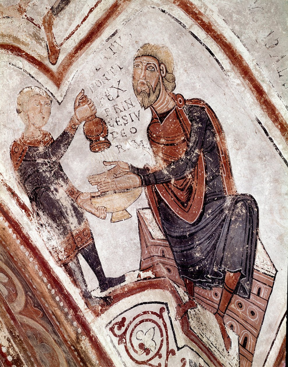 Cykl miesięcy: Poncjusz Piłat myje ręce. Fragment fresku z XII wieku z Królewskiego Panteonu Real Colegiata of San Isidoro (Royal Collegiale of Saint Isidore). Leona. Hiszpania autorstwa Spanish School