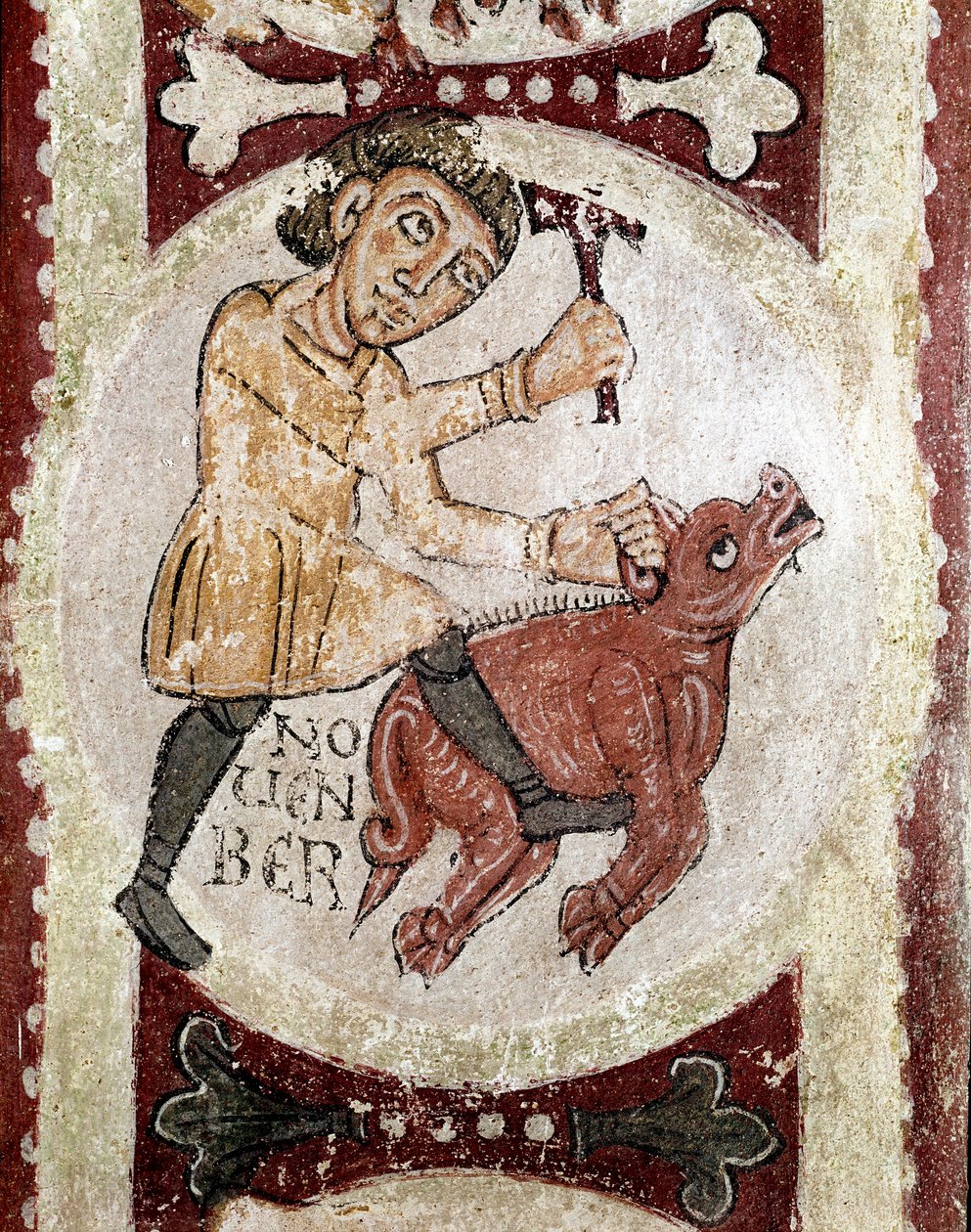 Cykl miesięcy: listopad (ubój świń). Fragment fresku z XII wieku z Królewskiego Panteonu Real Colegiata of San Isidoro (Royal Collegiale of Saint Isidore). Leona. Hiszpania autorstwa Spanish School