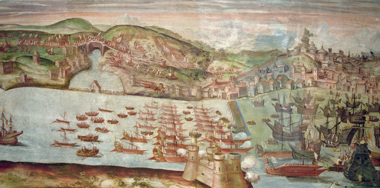 Wkroczenie floty do Lizbony, scena z kampanii morskiej przeciwko Portugalii prowadzonej przez Alvaro de Bazana za panowania Filipa II Hiszpańskiego (fresk) autorstwa Spanish School