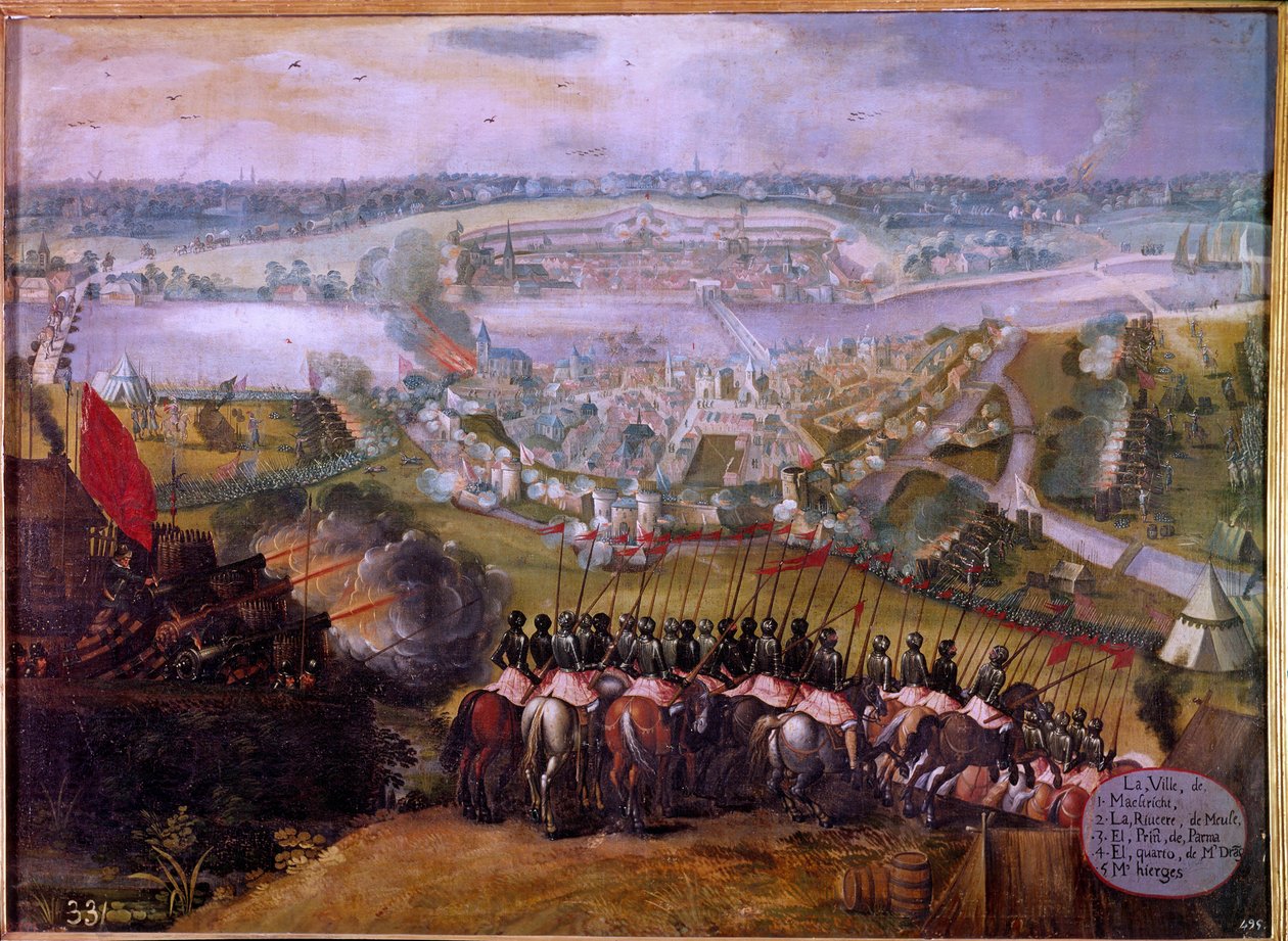 Oblężenie Maastricht przez Hiszpanów w 1579 r. Oblężenie Maastricht (lub Maestricht) w Holandii było epizodem wojny osiemdziesięcioletniej (osiemdziesięcioletniej lub 80-letniej) (bunt holenderski) (1568-1648), widziałem wzrost północnej pro autorstwa Spanish School