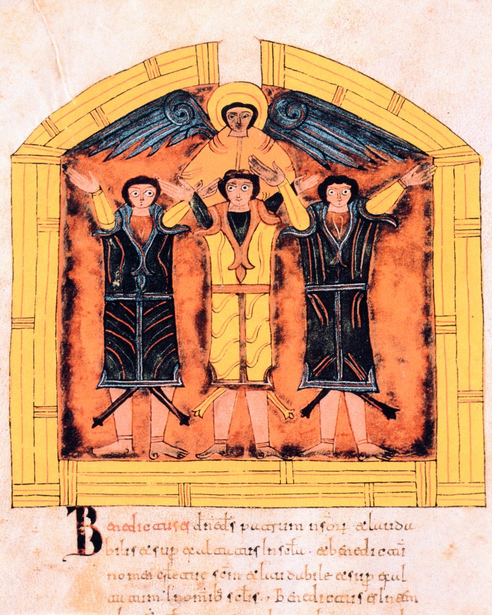 Trzej Hebrajczycy, Szadrach, Meszak i Abed-Nego wrzuceni do pieca przez Nabuchodonozora, fol.318v, z Wizygotycko-Mozarabskiej Biblii św. Izydora, 960 n.e. (tempera na welinie) autorstwa Spanish School