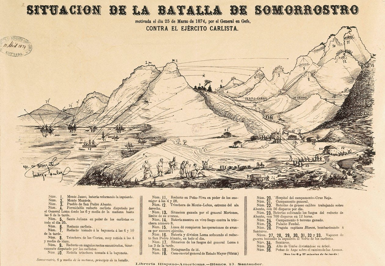 Trzecia wojna karlistów (1872-1876): mapa bitwy pod Somorrostro w Kraju Basków w dniu 25.03.1874 (rycina) autorstwa Spanish School