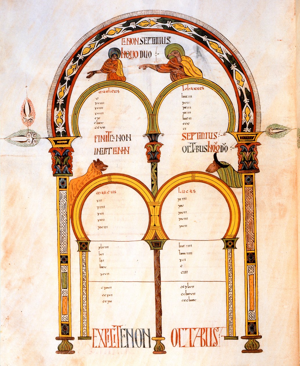 Strona tytułowa Ewangelii Mateusza, Marka, Łukasza i Jana, z Wizygotycko-Mozarabskiej Biblii św. Izydora, fol.402v., AD 960 (tempera na welinie) autorstwa Spanish School