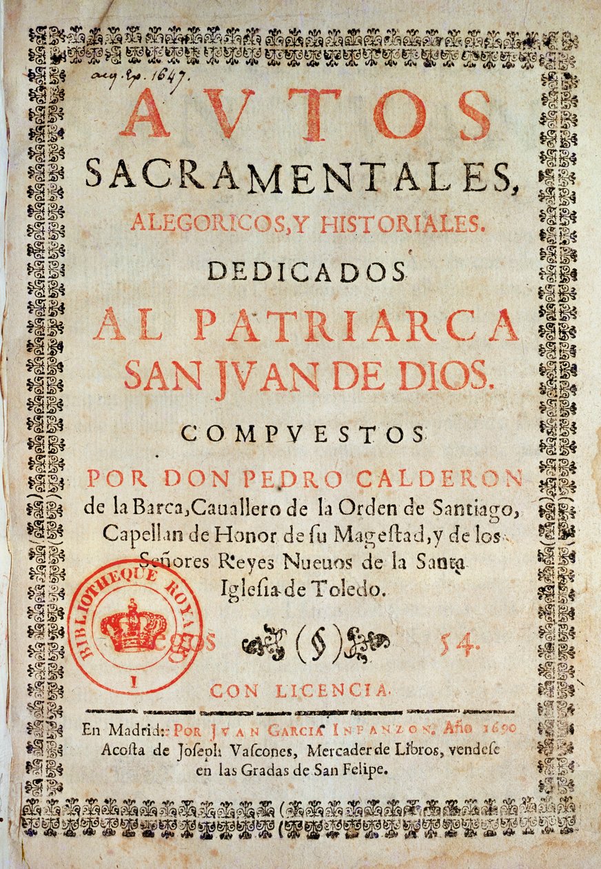 Strona tytułowa z Los Autos Sacramentales autorstwa Pedro Calderon de la Barca (1600-81) pod redakcją Juana Garcii Infanzona, 1690 (papier drukowany) autorstwa Spanish School