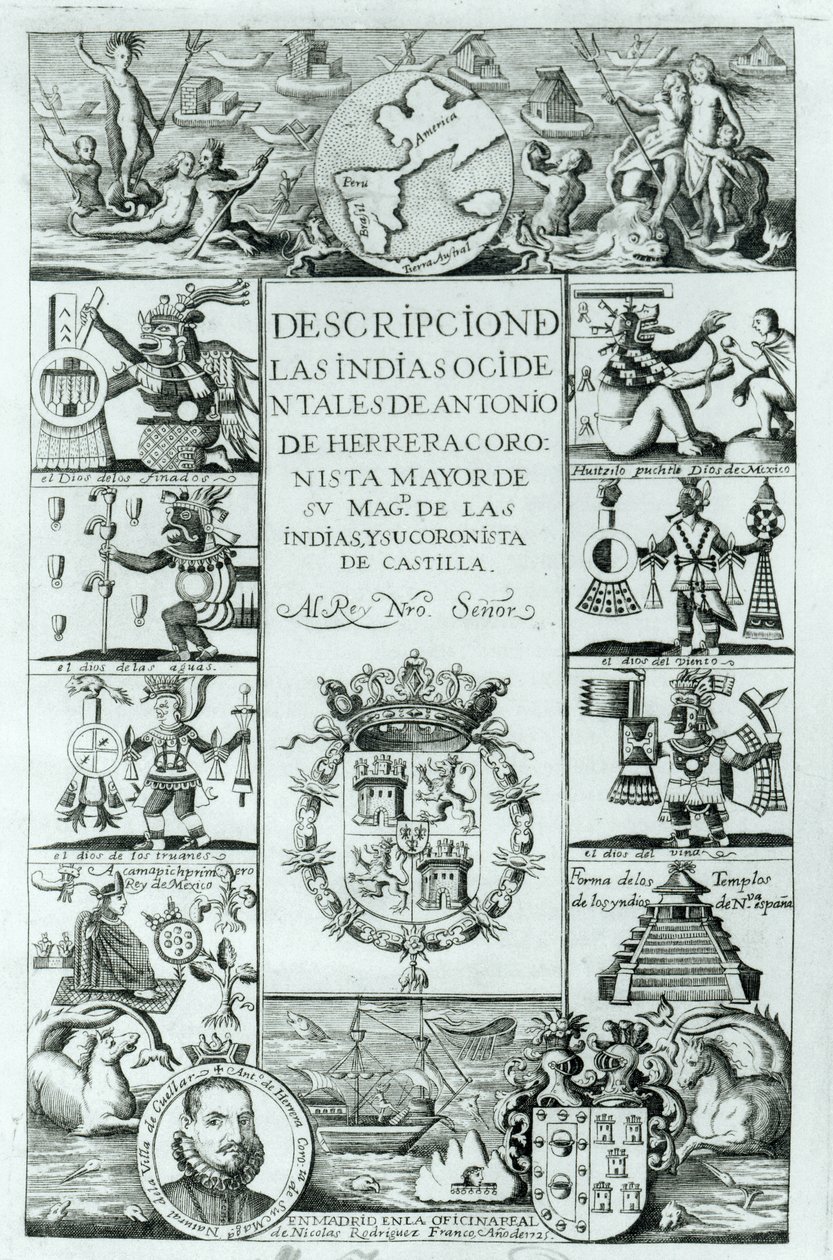 Strona tytułowa Opisu Indii Zachodnich autorstwa Antonio de Herrera y Tordesillas, wydanie madryckie, 1725 autorstwa Spanish School