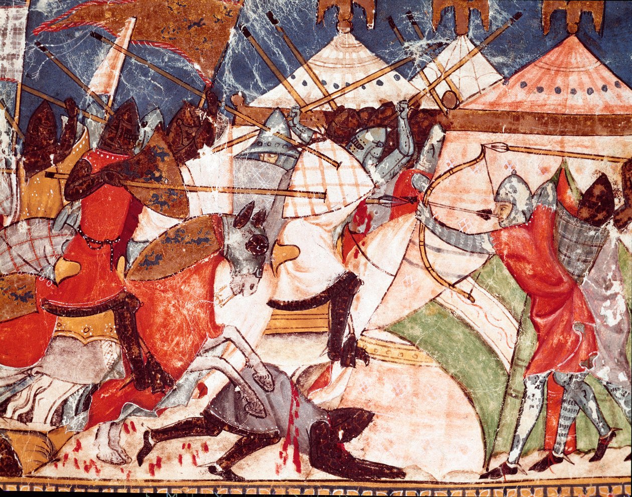 Wojna trojańska: Trojanie atakują obóz wojskowy greckich wojowników. Fragment miniatury z hiszpańskiego rękopisu „Codex Benito de Santa Mora”” autorstwa Spanish School