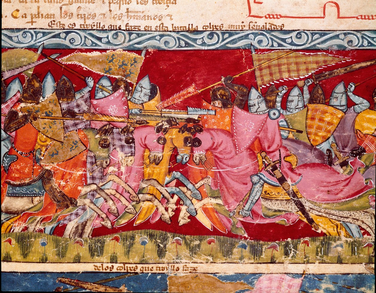 Wojna trojańska: bitwa między Grekami a trojanami. Fragment miniatury z hiszpańskiego rękopisu „Codex Benito de Santa Mora”” autorstwa Spanish School