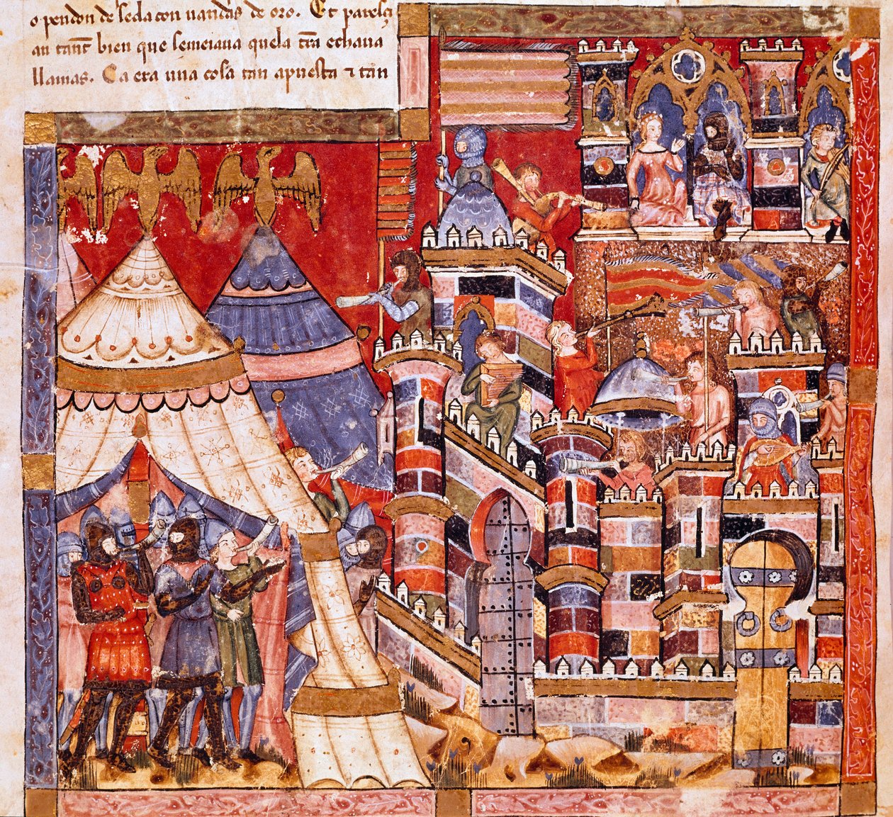 Wojna trojańska: miasto Troja i obóz grecki. Fragment miniatury z hiszpańskiego rękopisu „Codex Benito de Santa Mora”” autorstwa Spanish School