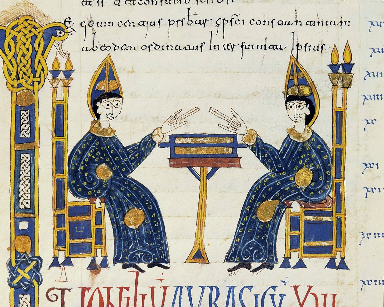 Dwaj biskupi katoliccy siedzący przed rękopisem, miniatura z Glosas Emilianenses, 992-994 (rękopis iluminowany) autorstwa Spanish School