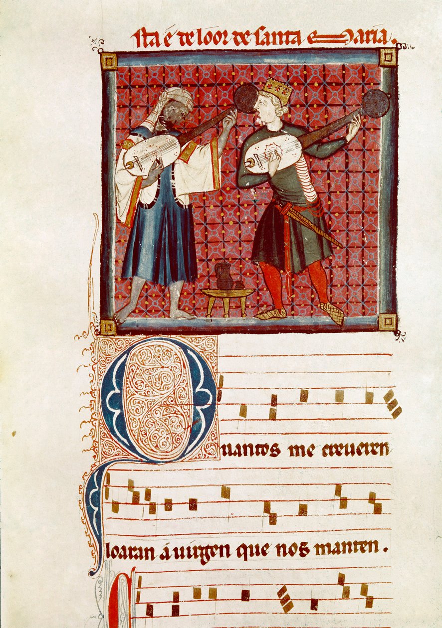 Dwóch muzyków, jeden mauretański, a drugi hiszpański chrześcijanin Fragment jednej strony zaczerpnięty z rękopisu Pieśni Najświętszej Marii Panny autorstwa Spanish School