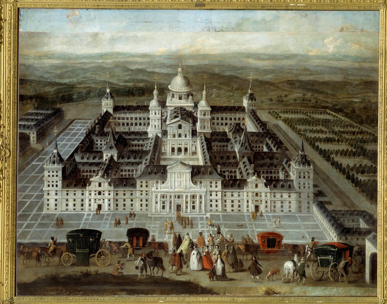 Widok na Pałac Escorial w Hiszpanii zbudowany przez Filipa II w XVI wieku. Anonimowe malarstwo hiszpańskie z XVII wieku. Olej na płótnie. Wymiary: 1,89 x 2,41m. autorstwa Spanish School