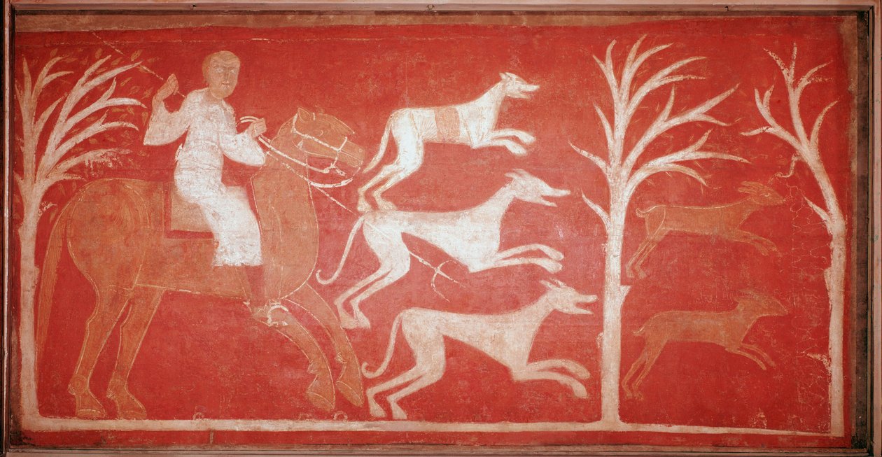 scena polowania przedstawiająca psy biegające za zwierzyną. 1150. Fresk z pustelni Baudelio de Berlanga, Soria. Konserwa w Muzeum Prado. autorstwa Spanish School
