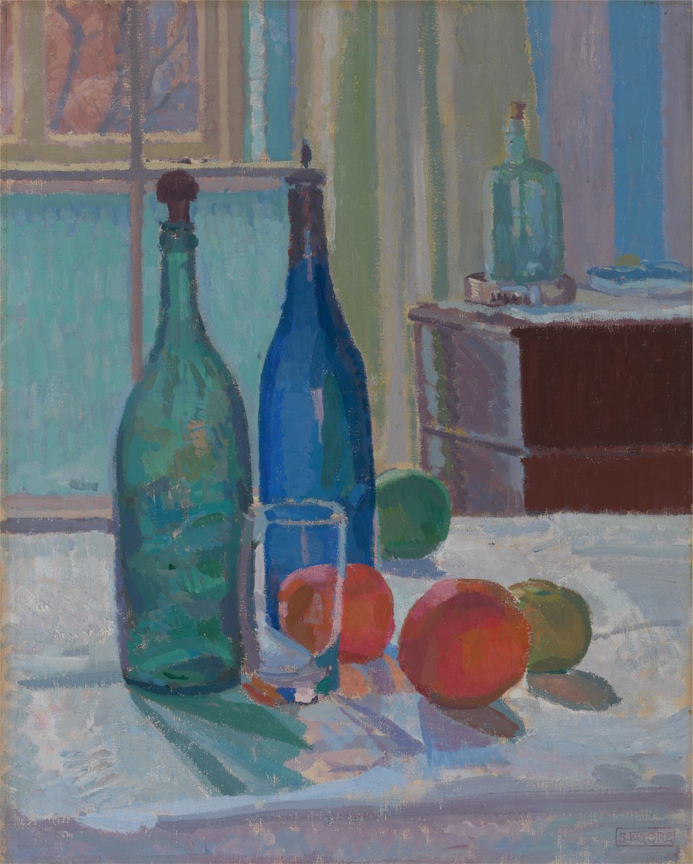 Niebieskie i zielone butelki i pomarańcze autorstwa Spencer Frederick Gore