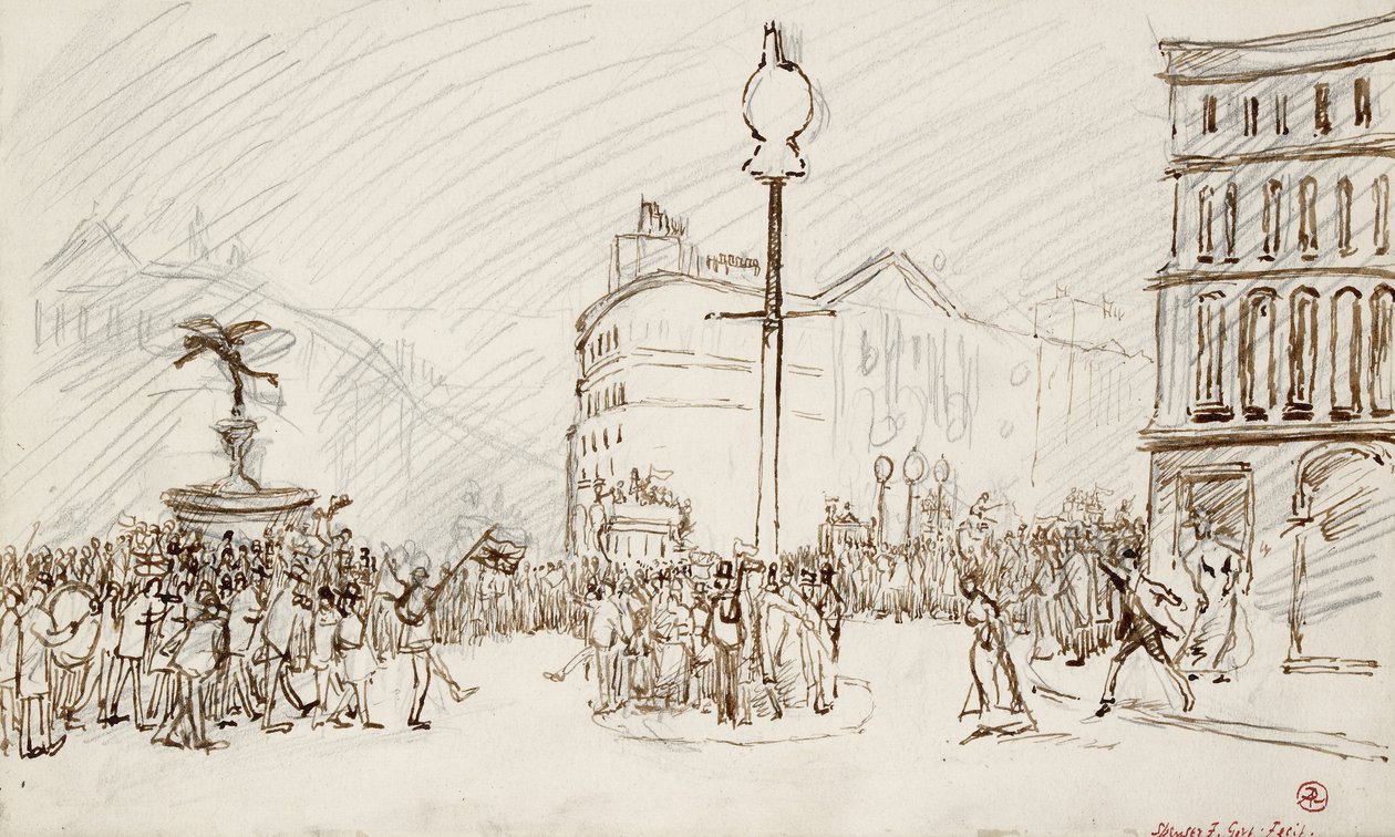Scena uliczna - Piccadilly Circus (pióro, brązowy tusz i grafit) autorstwa Spencer Frederick Gore