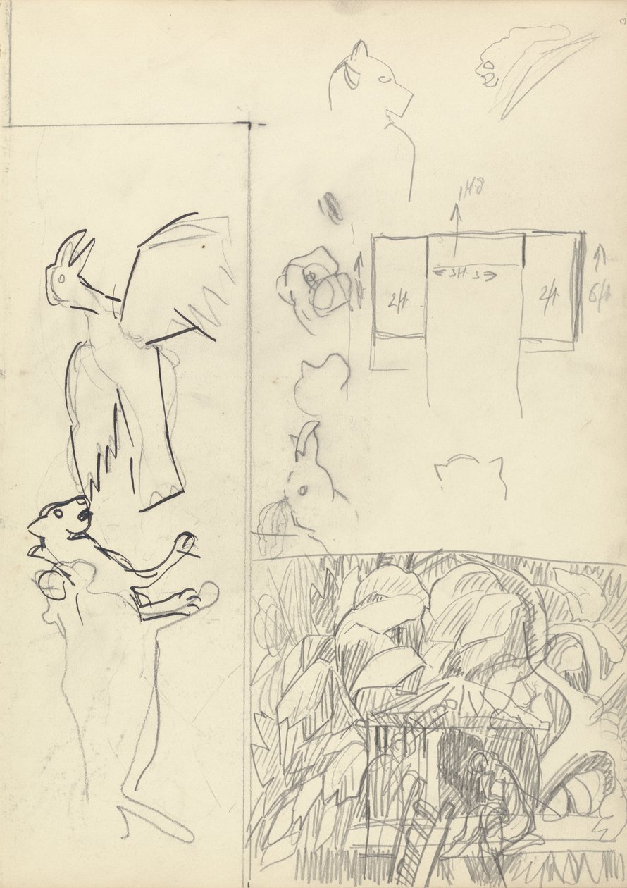 Badania domków na drzewie, zwierząt i planu pięter dla Jaskini Złotego Cielca (grafit i czarny atrament) (patrz 265066 na odwrocie) autorstwa Spencer Frederick Gore