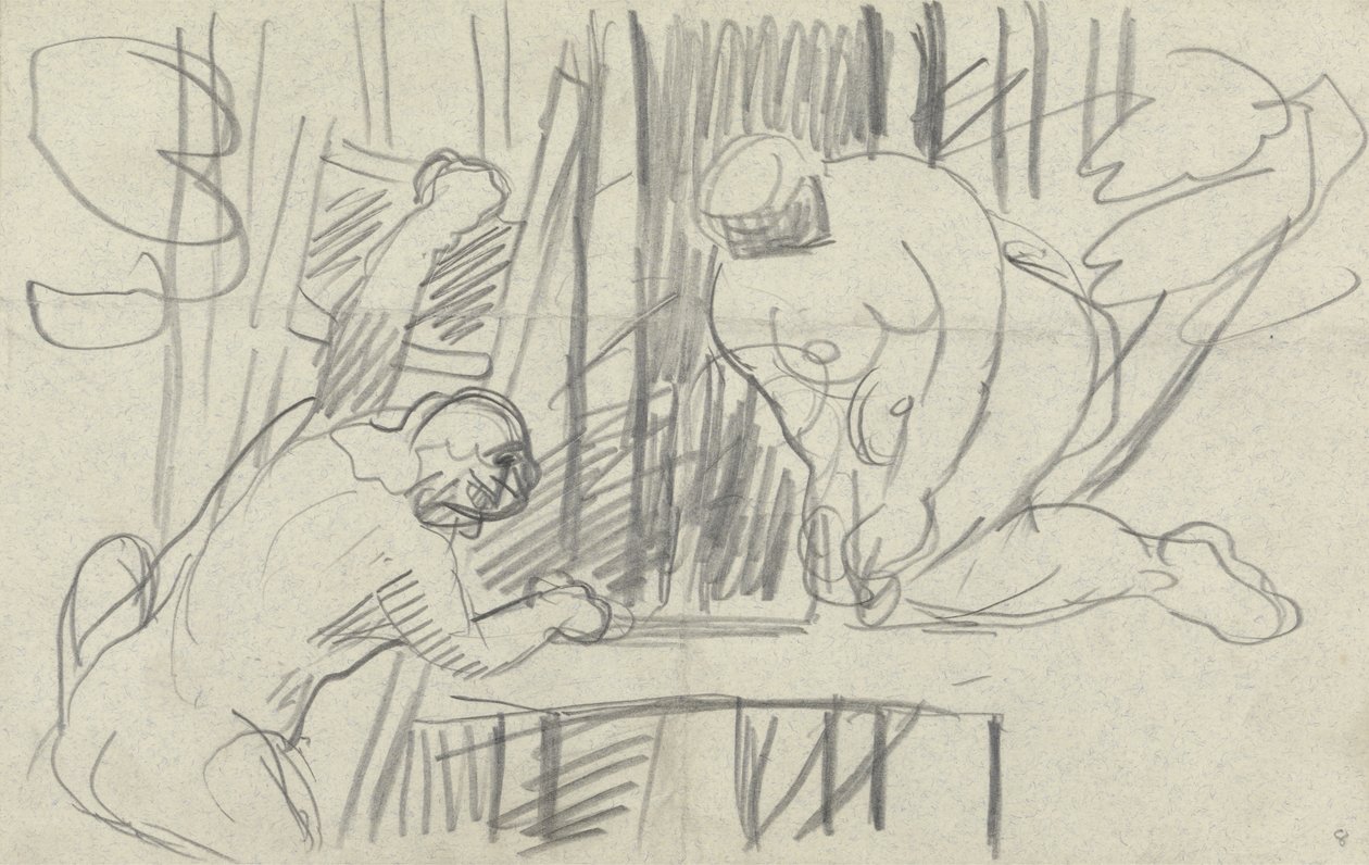Studium Domku na Drzewie z Prymitywnymi Ludźmi dla Jaskini Złotego Cielca (grafit) (patrz 265076 na odwrocie) autorstwa Spencer Frederick Gore