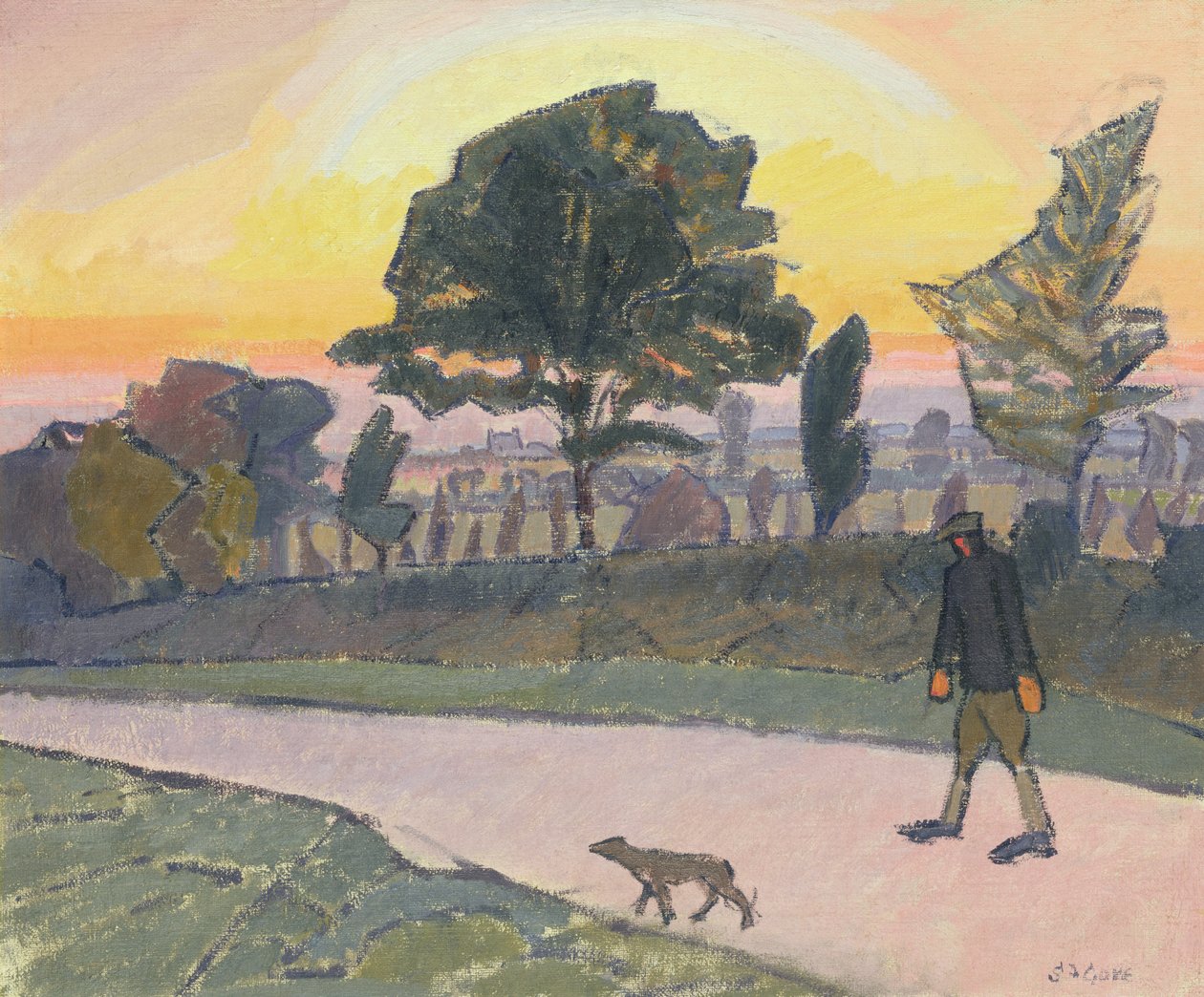 Zachód słońca, Letchworth, z człowiekiem i psem, 1912 autorstwa Spencer Frederick Gore