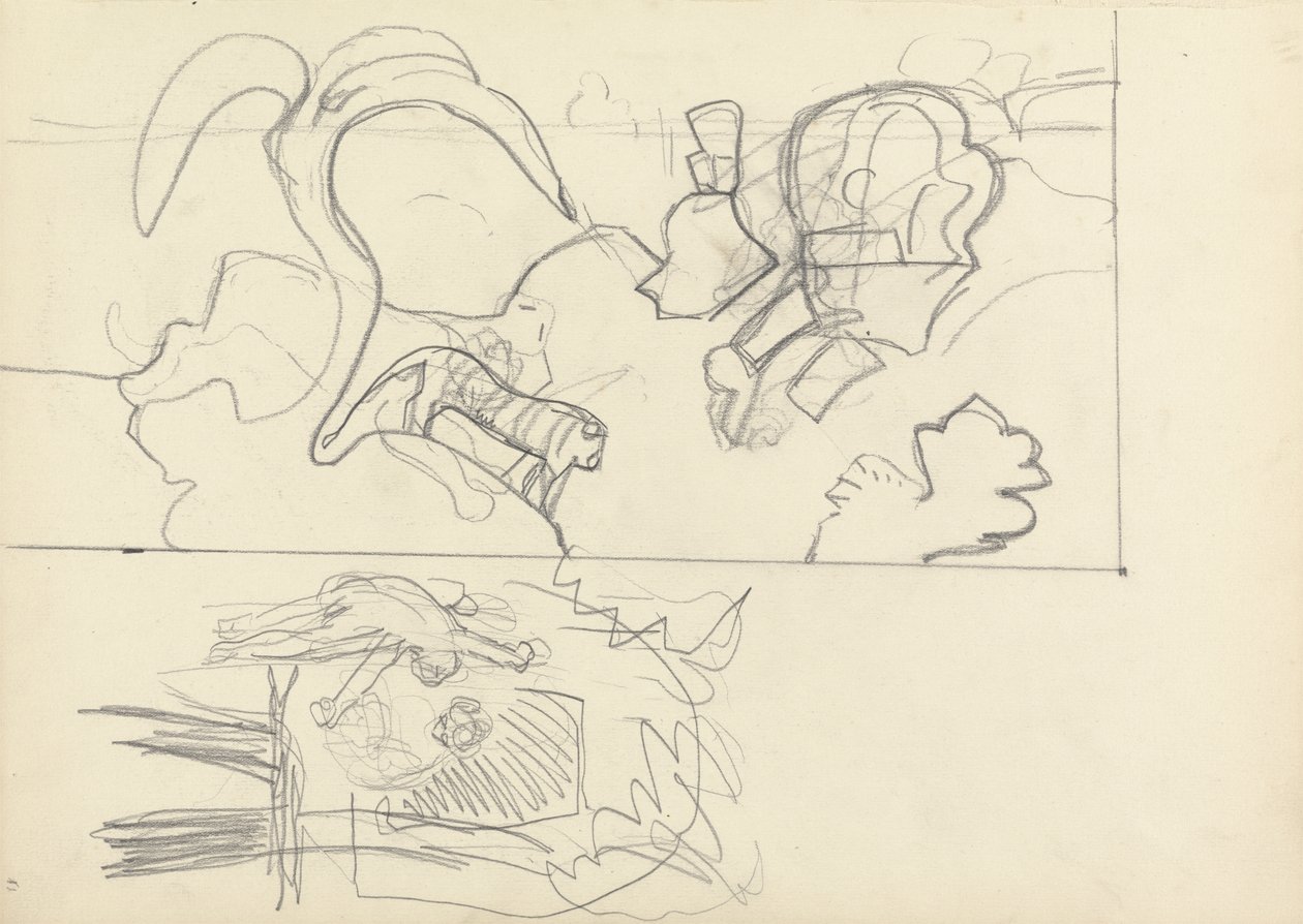 Domek na drzewie oraz projekt na panele ze zwierzętami do Jaskini Złotego Cielca (grafit na papierze tkanym) autorstwa Spencer Frederick Gore