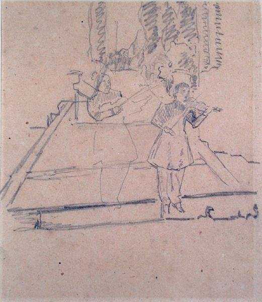 The Musicians at the Footlights, c.1910 (ołówek na papierze płowym) autorstwa Spencer Frederick Gore
