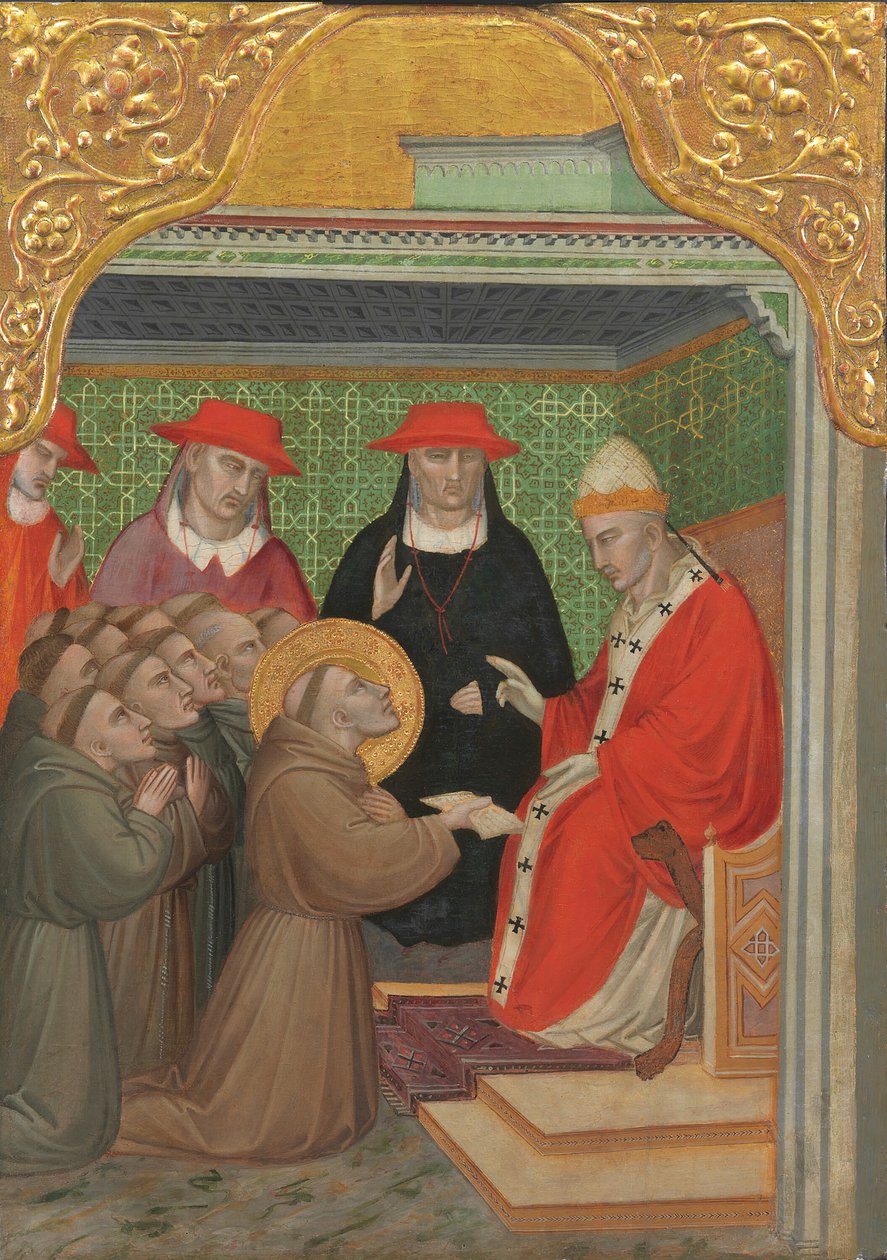 Święty Franciszek przed Papieżem Zatwierdzenie Reguły franciszkańskiej, 13901400. autorstwa Spinello Aretino