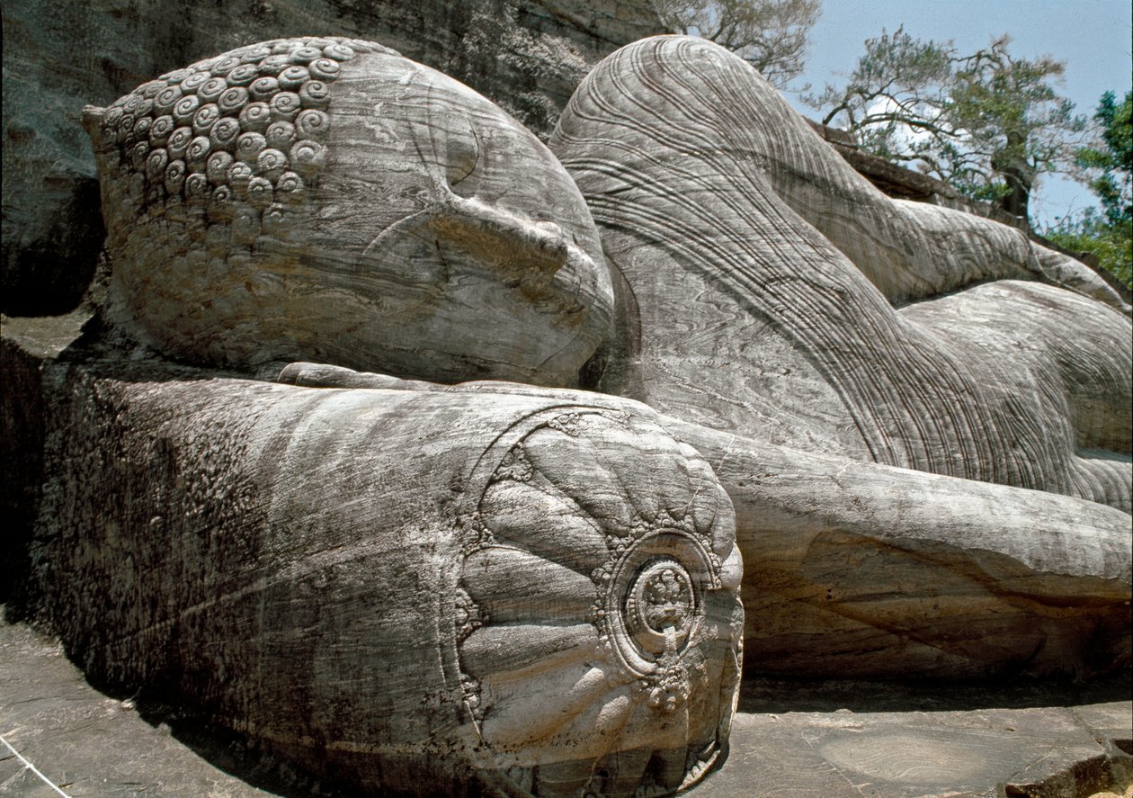 Leżący obraz przedstawiający parinirwanę Buddy, rzeźbę, świątynię Gal Vihara autorstwa Sri Lankan