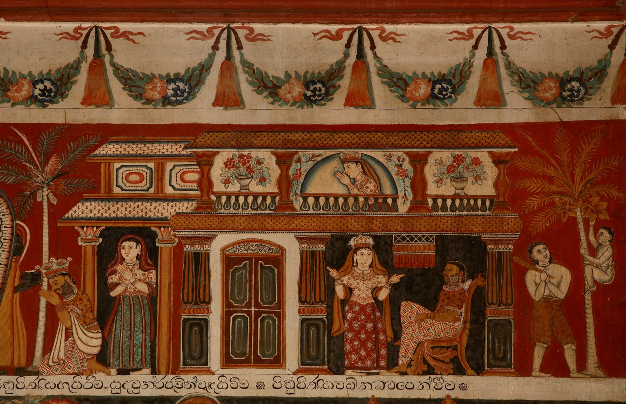 Malowidło ścienne przedstawiające singhalski dom w świątyni Subdharama, Dehiwala (mural) autorstwa Sri Lankan School