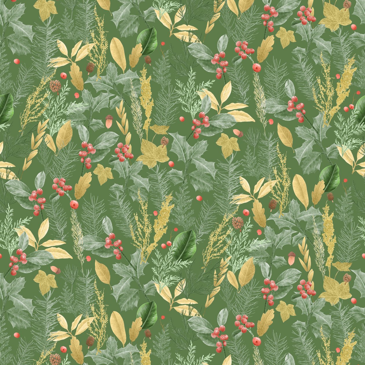 Holiday holly pattern tumma, 2021 (grafiittikynä & digitaalinen) kiillotusaine autorstwa Stacy Hsu