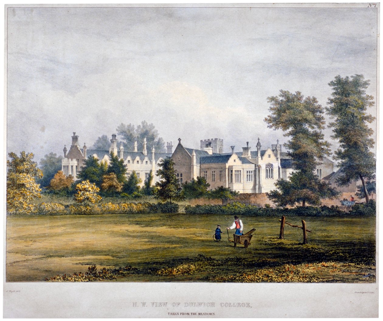 Dulwich College, Londyn, ok. 1830 r. autorstwa Standidge and Co