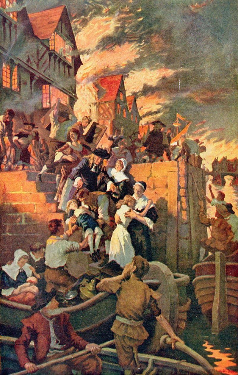 Wielki pożar Londynu w 1666 r., ilustracja z „Historii narodu brytyjskiego” Hutchinsona, ok. 1920 (kolor lito) autorstwa Stanhope Alexander Forbes
