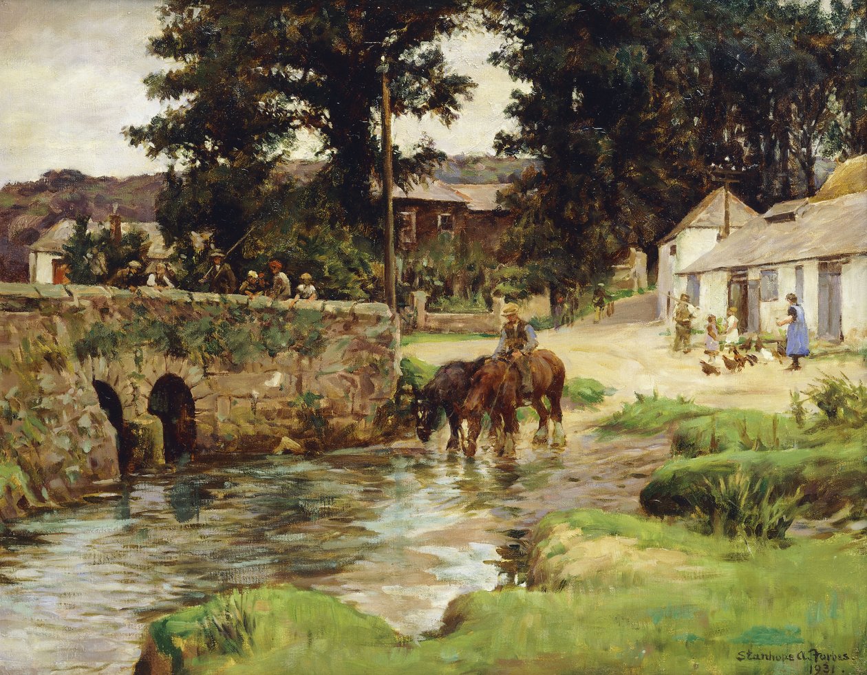 Podlewanie koni w wiejskim strumieniu autorstwa Stanhope Alexander Forbes