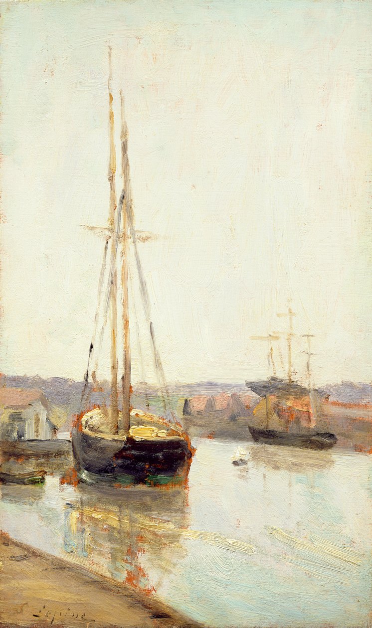 Łodzie na kanale (olej na drewnie) autorstwa Stanislas Victor Edouard Lepine
