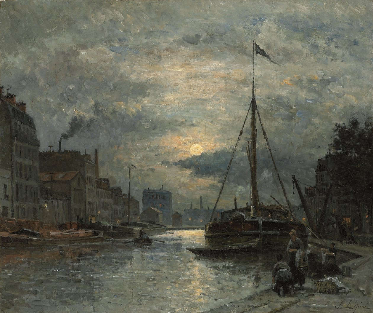Kanał Saint-Martin w świetle księżyca; Kanał Saint-Martin przy Moonlight, autorstwa Stanislas Victor Edouard Lepine