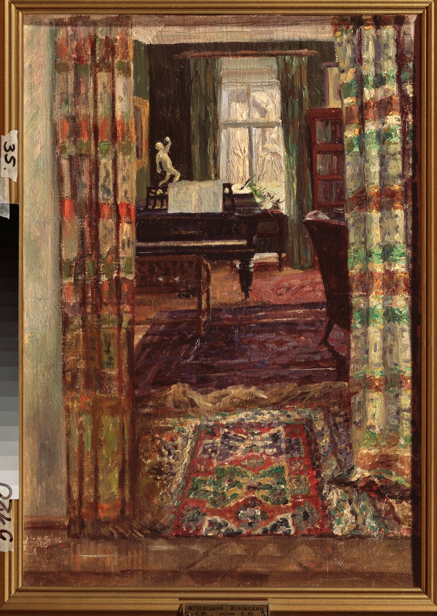 Wnętrze z fortepianem. Malarstwo Stanisława Julianowicza Żukowskiego (Żukowski) (1873-1944), olej na płótnie autorstwa Stanislav Joulianovitch Joukovski