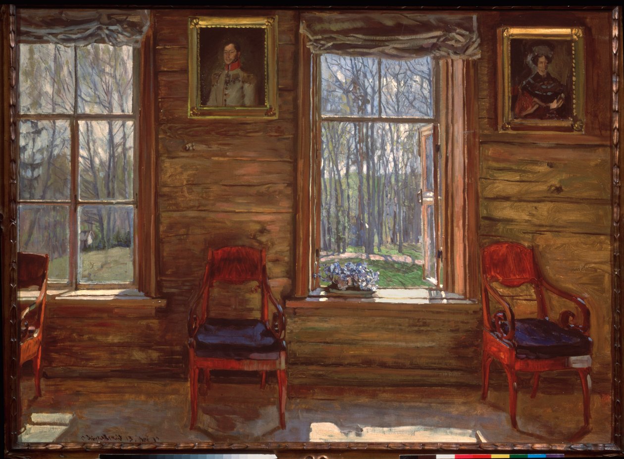Szczęśliwego maja. (Widok na słoneczny las, przez okna wiejskiego domu, ozdobiony malowanymi portretami i zasłonami). Malarstwo Stanisława Julianowicza Żukowskiego (Żukowski) (1873-1944), olej na płótnie autorstwa Stanislav Joulianovitch Joukovski