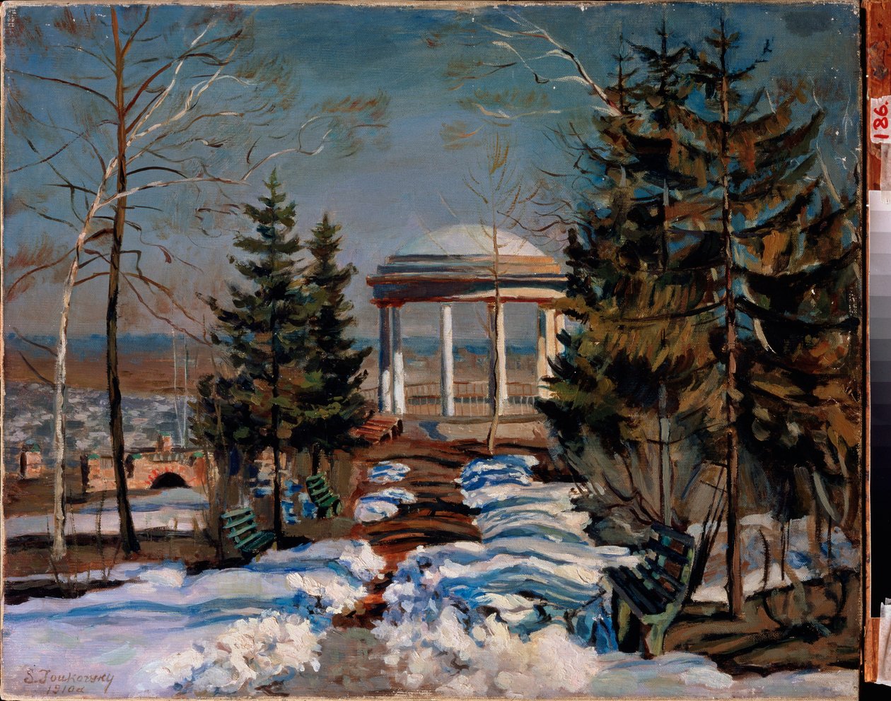 Krajobraz z kioskiem. Malarstwo Stanisława Julianowicza Żukowskiego (Żukowski) (1873-1944), olej na płótnie autorstwa Stanislav Joulianovitch Joukovski