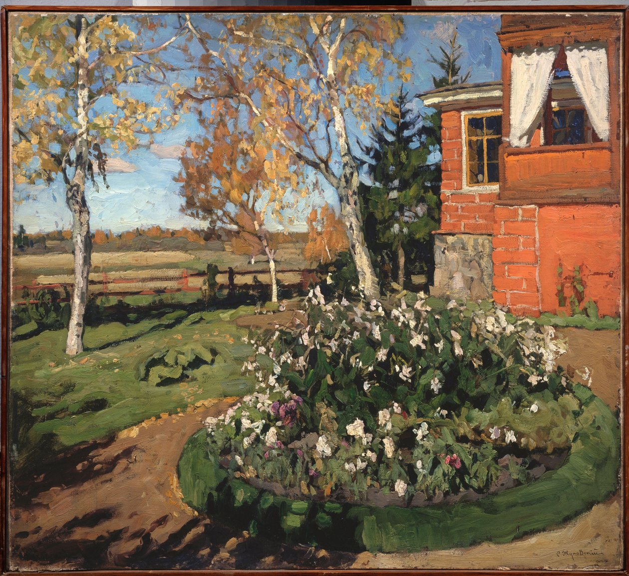 Kwietnik. (Przed domem i wiejskim krajobrazem). Malarstwo Stanisława Julianowicza Żukowskiego (Żukowski) (1873-1944), olej na płótnie autorstwa Stanislav Joulianovitch Joukovski