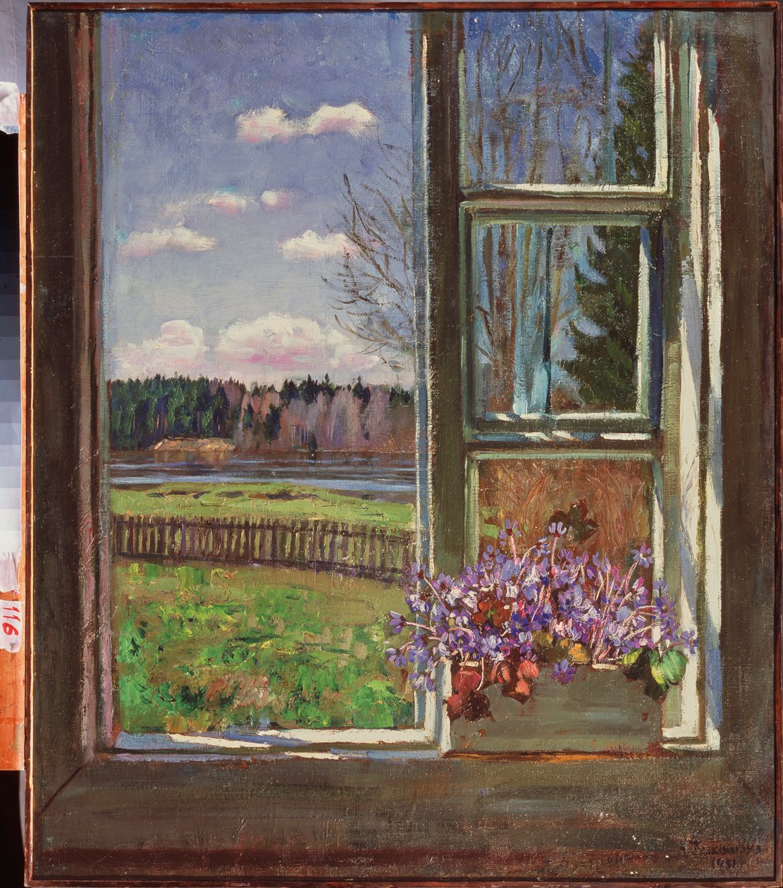 Fiołki przed oknem. Obraz Stanisława Julianowicza Żukowskiego (Żukowski) (1873-1944), olej na płótnie 1931. Sztuka rosyjska, XX wiek, sztuka współczesna. Państwowe Muzeum Sztuki, Dniepropietrowsk (Ukraina). autorstwa Stanislav Joulianovitch Joukovski