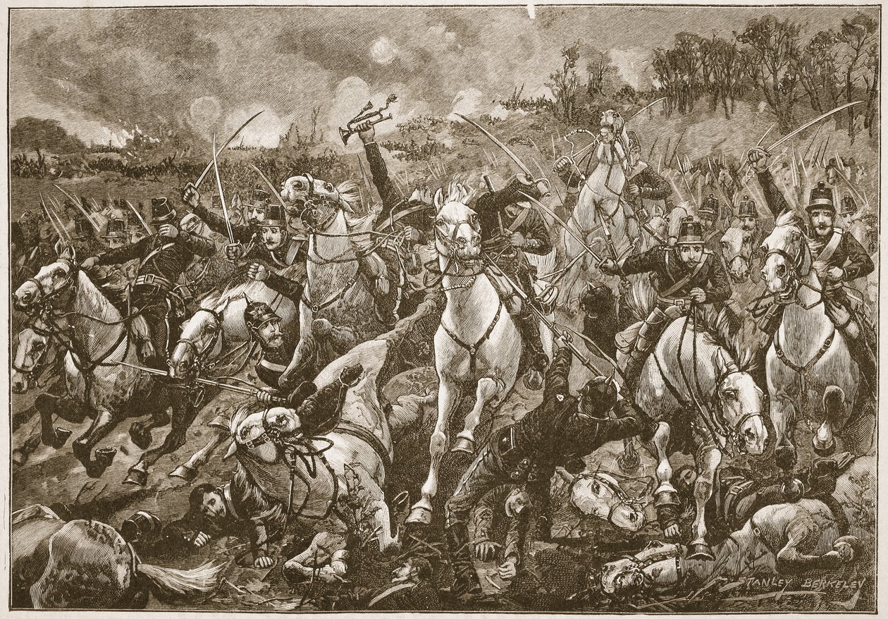 Z grzmotem w dół zbocza eskadry przedarły się przez linię harcowników, ilustracja z „Bitwy XIX wieku” autorstwa Archibalda Forbesa, G.A. Henty i major Arthur Griffiths autorstwa Stanley Berkeley