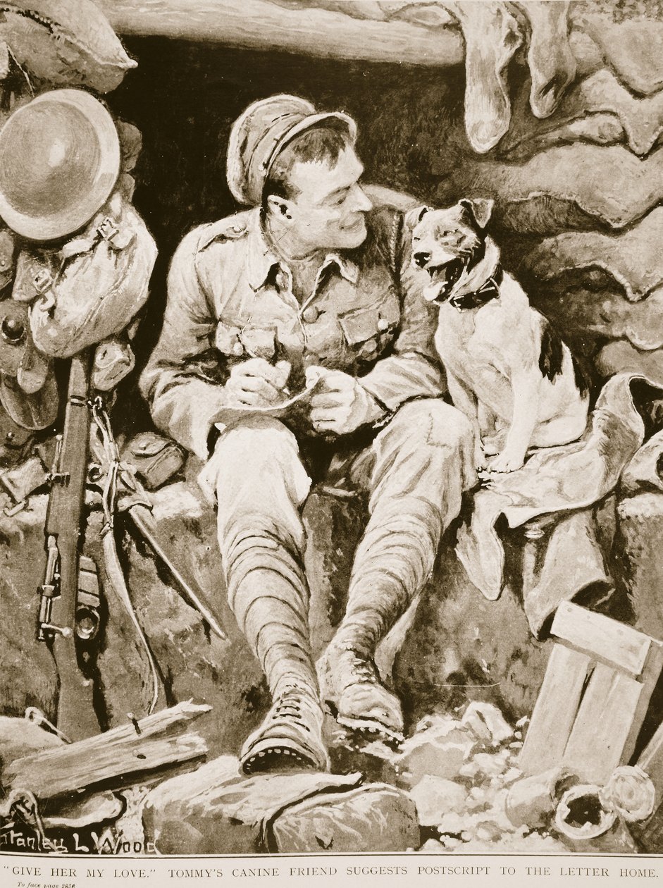 Giver her my Love, Tommys Canine Friend Suggests Postcript to the Letter Home, z albumu War Illlustrated, ok. 1916 autorstwa Stanley L. Wood