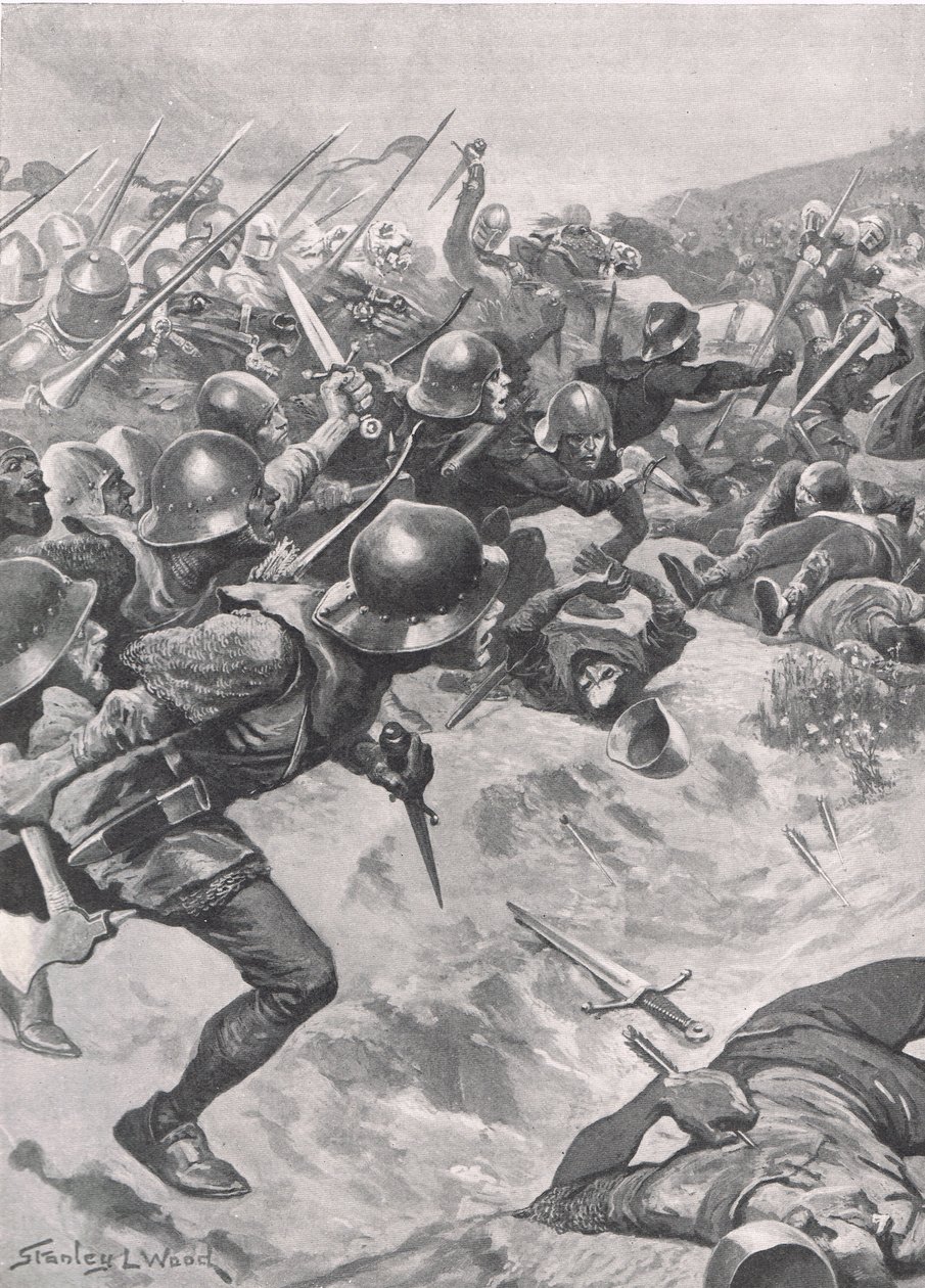Łucznicy, porzucając łuki na rzecz noży, krótkich toporów i sztyletów, zmieszali się z kawalerią, ilustracja z „British Battles on Land and Sea”, wydanej przez Cassell, Londyn, ok. 1910 autorstwa Stanley L. Wood