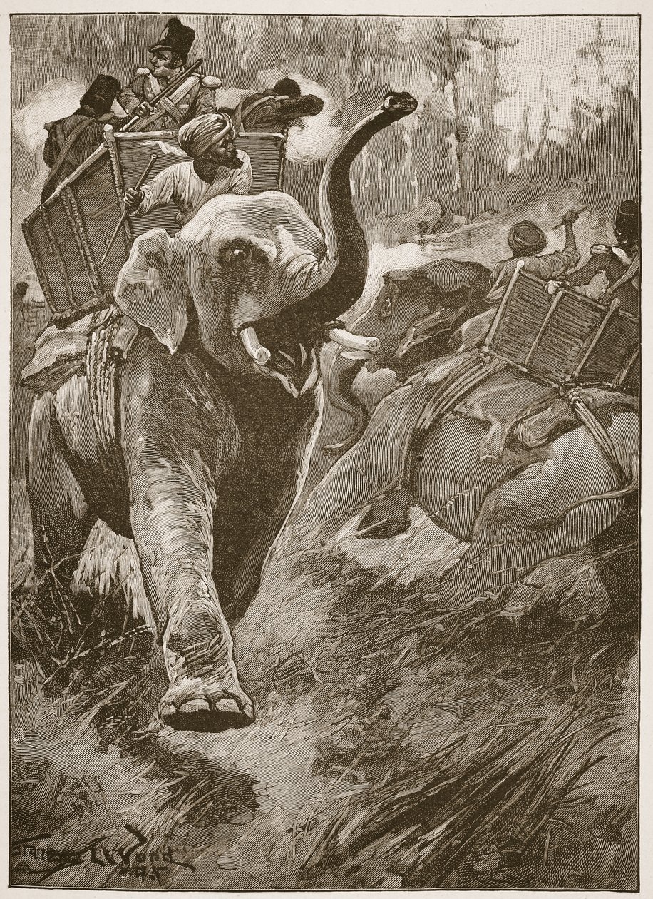 Przestraszone słonie rzuciły się z powrotem rozbijając się przez las, ilustracja z „Bitwy XIX wieku” Archibalda Forbesa, G.A. Henty i major Arthur Griffiths autorstwa Stanley L. Wood