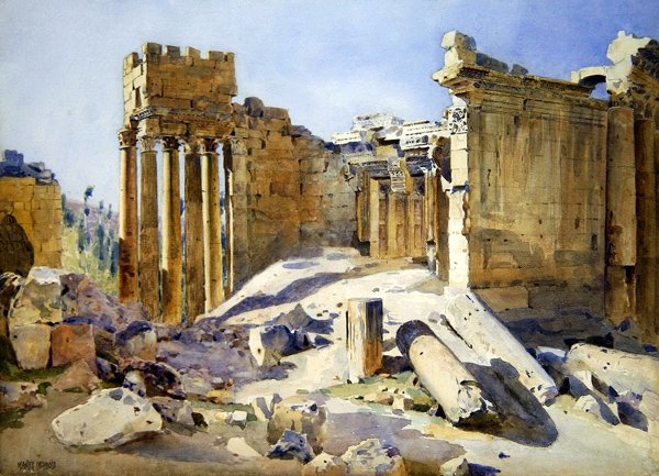 Ruiny w Baalbek, ok. 1905 (akwarela na papierze) autorstwa Stanley Inchbold