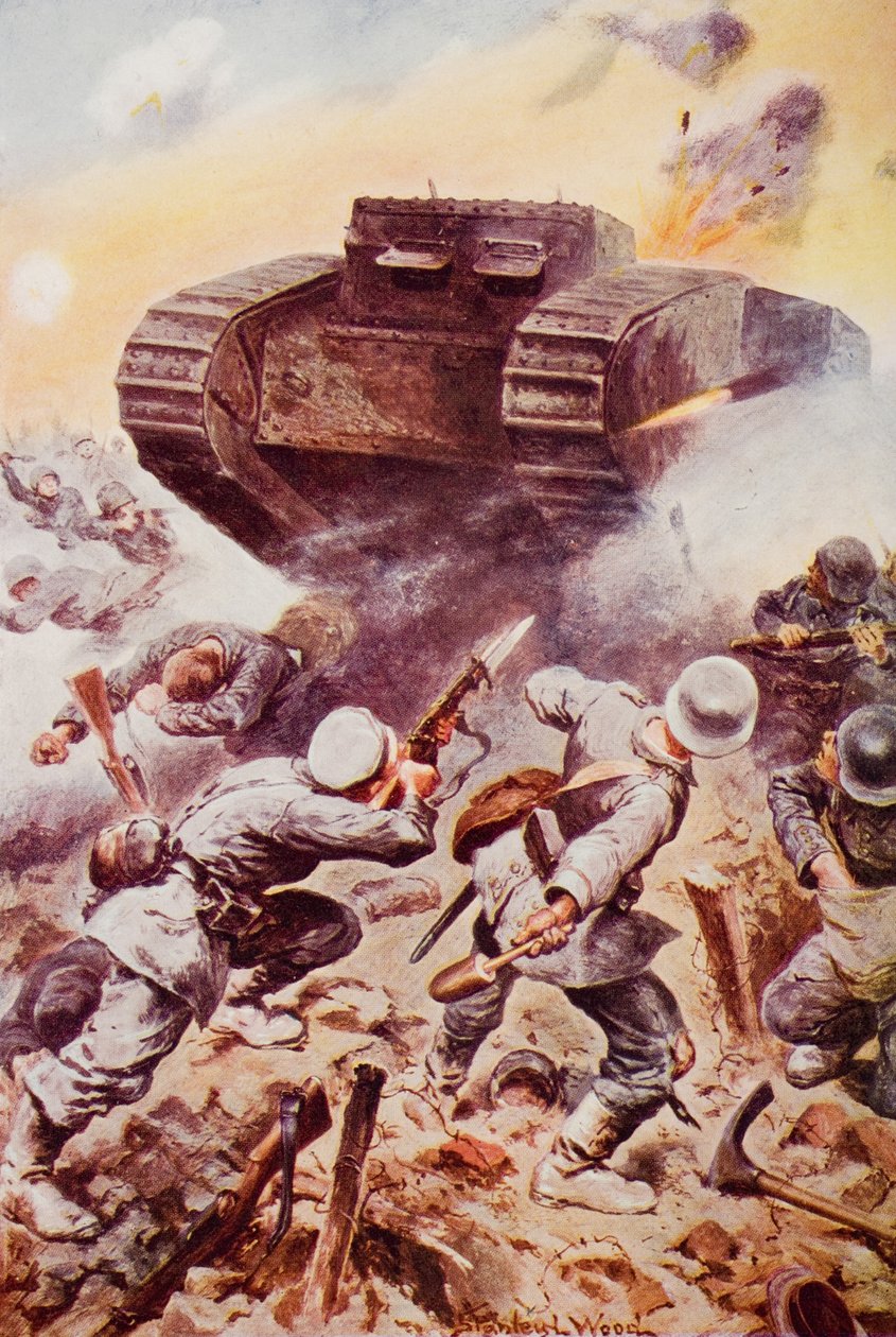 Tanks in Action, ilustracja z „Zarysu historii” H.G. Wellsa, tom II, wyd. 1920 (kolor lito) autorstwa Stanley L. (after) Wood
