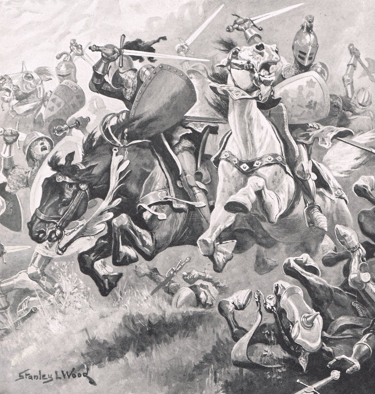 Bitwa pod Shrewsbury, 21 lipca 1403, ilustracja z „British Battles on Land and Sea”, wydanej przez Cassell, Londyn, ok. 1910 autorstwa Stanley L. Wood