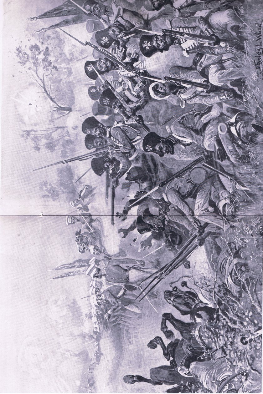 Chilianwala, 13 stycznia 1849: Brygada Goddys dzielnie broniąca się w otoczeniu Sikhów, ilustracja z brytyjskich bitew lądowych i morskich, 1915 autorstwa Stanley L. Wood