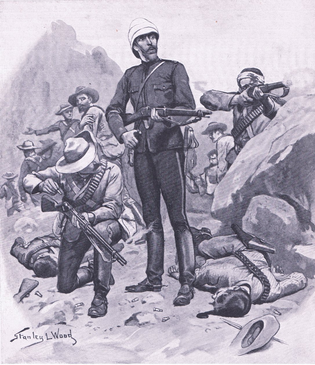 Pułkownik Buller w Inhlobane Mountain, marzec 1879, ilustracja z brytyjskich bitew lądowych i morskich, 1915 autorstwa Stanley L. Wood