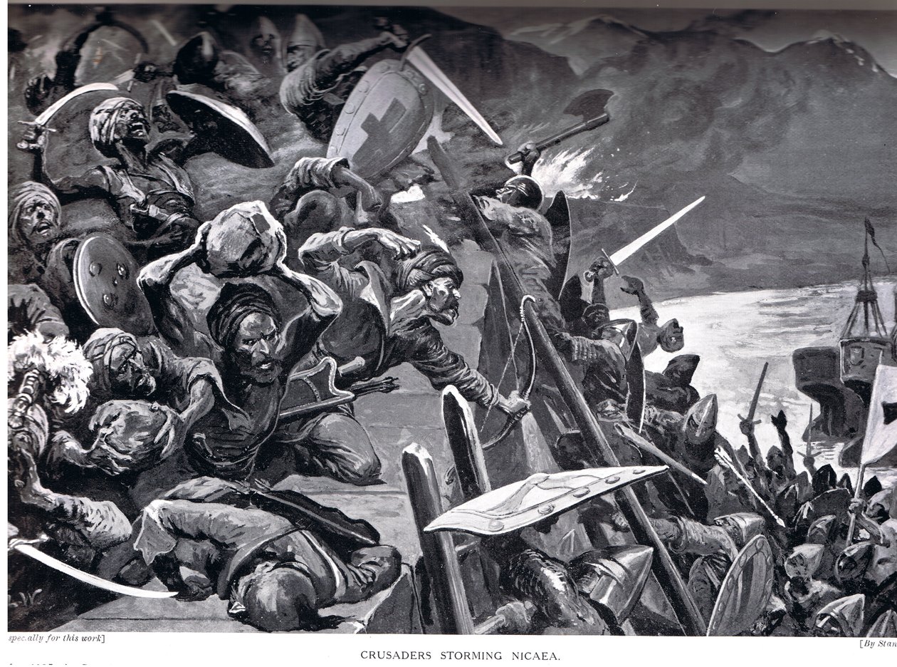 Krzyżowcy szturmujący Niceę, ilustracja z „Historii Narodów Hutchinsona” autorstwa Stanley L. Wood
