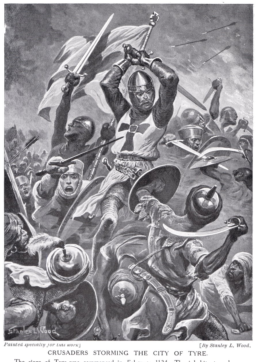 Krzyżowcy szturmujący miasto Tyr, ilustracja z "Hutchinson
